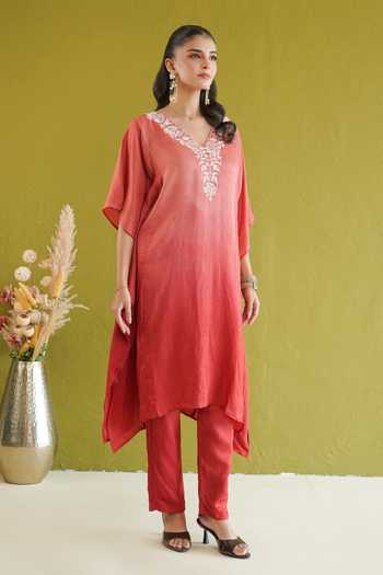 Shop Masoomm Coral Shantoon V-neck Ombre Embroidered Kaftan And Pant Set Online at Aza Fashions Shop_Masoomm_Coral Shantoon V-neck Ombre Embroidered Kaftan And Pant Set _Online_at_Aza_Fashions