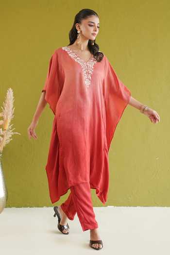 Masoomm Coral Shantoon V-neck Ombre Embroidered Kaftan And Pant Set at Aza Fashions Masoomm_Coral Shantoon V-neck Ombre Embroidered Kaftan And Pant Set _at_Aza_Fashions