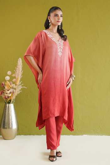 Buy Masoomm Coral Shantoon V-neck Ombre Embroidered Kaftan And Pant Set Buy_Masoomm_Coral Shantoon V-neck Ombre Embroidered Kaftan And Pant Set