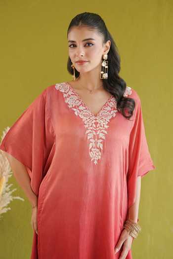 Shop Masoomm Coral Shantoon V-neck Ombre Embroidered Kaftan And Pant Set Shop_Masoomm_Coral Shantoon V-neck Ombre Embroidered Kaftan And Pant Set
