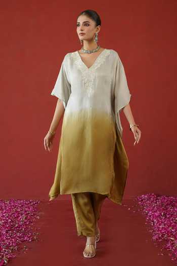 Shop Masoomm Ivory Shantoon V-neck Ombre Embroidered Kaftan And Pant Set Online at Aza Fashions Shop_Masoomm_Ivory Shantoon V-neck Ombre Embroidered Kaftan And Pant Set _Online_at_Aza_Fashions