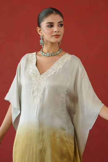 Masoomm Ivory Shantoon V-neck Ombre Embroidered Kaftan And Pant Set at Aza Fashions Masoomm_Ivory Shantoon V-neck Ombre Embroidered Kaftan And Pant Set _at_Aza_Fashions