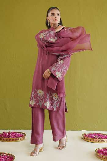 Masoomm Purple Cotton, Organza, Shantoon V-neck, Yes Thread Work Kurta Pant Set Online at Aza Fashions Masoomm_Purple Cotton, Organza, Shantoon V-neck, Yes Thread Work Kurta Pant Set _Online_at_Aza_Fashions
