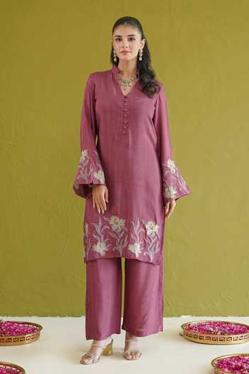 Masoomm Purple Cotton, Organza, Shantoon V-neck, Yes Thread Work Kurta Pant Set at Aza Fashions Masoomm_Purple Cotton, Organza, Shantoon V-neck, Yes Thread Work Kurta Pant Set _at_Aza_Fashions