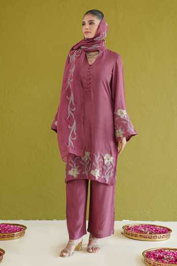 Buy Masoomm Purple Cotton, Organza, Shantoon V-neck, Yes Thread Work Kurta Pant Set Buy_Masoomm_Purple Cotton, Organza, Shantoon V-neck, Yes Thread Work Kurta Pant Set