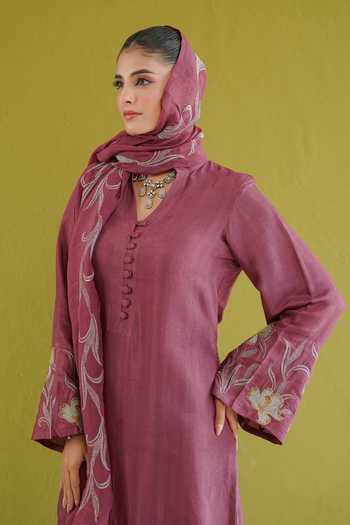 Shop Masoomm Purple Cotton, Organza, Shantoon V-neck, Yes Thread Work Kurta Pant Set Shop_Masoomm_Purple Cotton, Organza, Shantoon V-neck, Yes Thread Work Kurta Pant Set