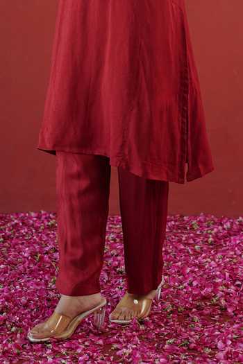 Shop Masoomm Red Shantoon Notched Neck Placement Embroidered Kurta And Pant Set Online at Aza Fashions Shop_Masoomm_Red Shantoon Notched Neck Placement Embroidered Kurta And Pant Set _Online_at_Aza_Fashions