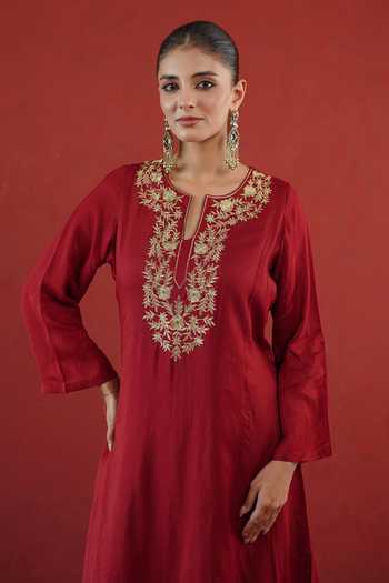 Masoomm Red Shantoon Notched Neck Placement Embroidered Kurta And Pant Set at Aza Fashions Masoomm_Red Shantoon Notched Neck Placement Embroidered Kurta And Pant Set _at_Aza_Fashions