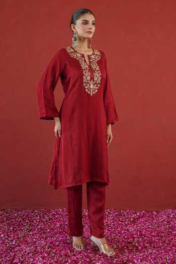 Buy Masoomm Red Shantoon Notched Neck Placement Embroidered Kurta And Pant Set Buy_Masoomm_Red Shantoon Notched Neck Placement Embroidered Kurta And Pant Set