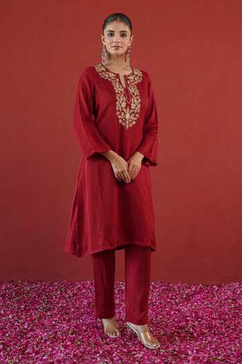 Shop Masoomm Red Shantoon Notched Neck Placement Embroidered Kurta And Pant Set Shop_Masoomm_Red Shantoon Notched Neck Placement Embroidered Kurta And Pant Set