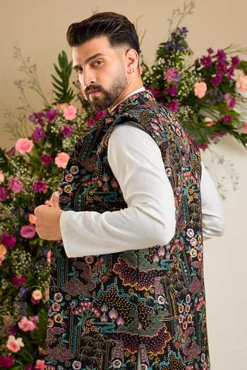 Buy_Kasbah_Black The Savile Botanica Long Open Nehru Jacket _Online_at_Aza_Fashions