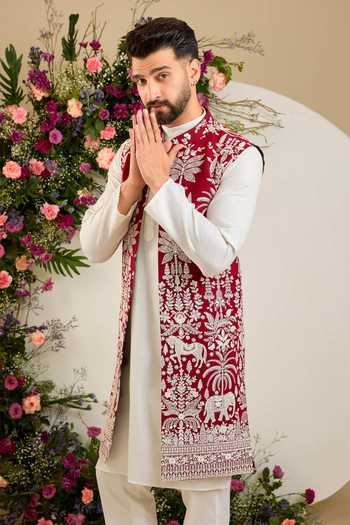 Buy_Kasbah_Red Georgette Flora And Fauna Embroidered Nehru Jacket _Online_at_Aza_Fashions