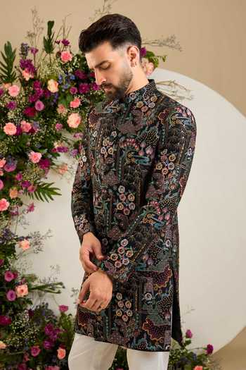Buy_Kasbah_Black Savile Tropical Floral Embroidered Sherwani _Online_at_Aza_Fashions