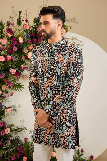 Buy_Kasbah_Black Silk Flora And Fauna Embroidered Sherwani _Online_at_Aza_Fashions