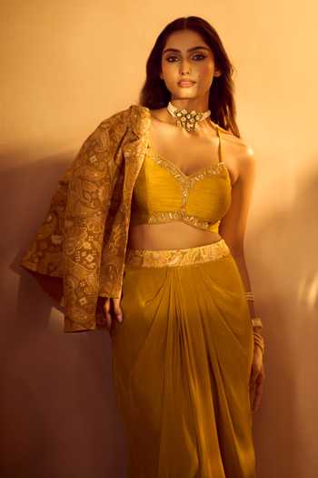 Samyukta Singhania Paisley Embroidered Jacket Draped Skirt Set 