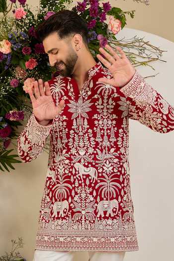 Buy Kasbah Red Georgette Flora And Fauna Embroidered Short Kurta Online at Aza Fashions Buy_Kasbah_Red Georgette Flora And Fauna Embroidered Short Kurta _Online_at_Aza_Fashions