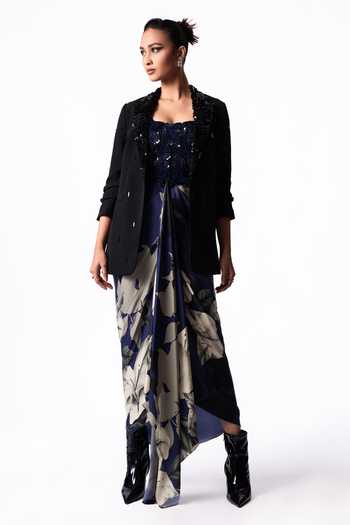 Nupur Kanoi Multicolor Rayon, Crepe, Satin, Lycra Shawl Neck, Printed Draped Dress With Blazer Online at Aza Fashions Nupur Kanoi_Multicolor Rayon, Crepe, Satin, Lycra Shawl Neck, Printed Draped Dress With Blazer _Online_at_Aza_Fashions