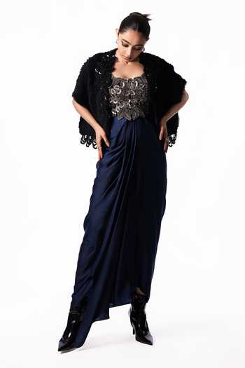 Nupur Kanoi Fur Gilet With Embroidered Bustier Dress 