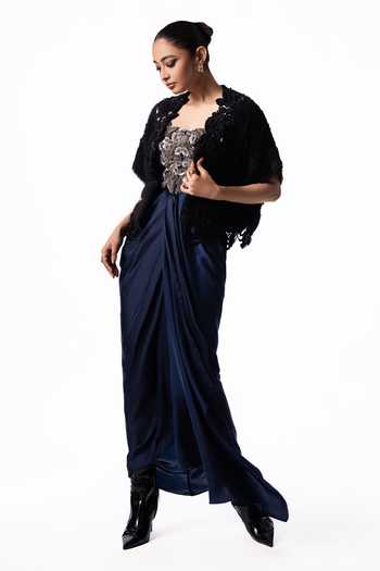 Nupur Kanoi Blue Crepe, Chiffon, Satin, Lycra Open Fur Gilet With Embroidered Bustier Dress Online at Aza Fashions Nupur Kanoi_Blue Crepe, Chiffon, Satin, Lycra Open Fur Gilet With Embroidered Bustier Dress _Online_at_Aza_Fashions