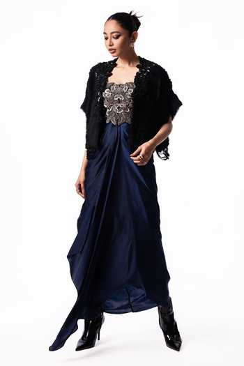 Buy Nupur Kanoi Blue Crepe, Chiffon, Satin, Lycra Open Fur Gilet With Embroidered Bustier Dress Online at Aza Fashions Buy_Nupur Kanoi_Blue Crepe, Chiffon, Satin, Lycra Open Fur Gilet With Embroidered Bustier Dress _Online_at_Aza_Fashions