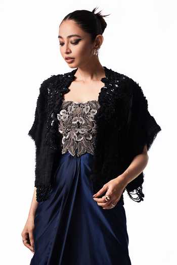 Shop Nupur Kanoi Blue Crepe, Chiffon, Satin, Lycra Open Fur Gilet With Embroidered Bustier Dress Online at Aza Fashions Shop_Nupur Kanoi_Blue Crepe, Chiffon, Satin, Lycra Open Fur Gilet With Embroidered Bustier Dress _Online_at_Aza_Fashions