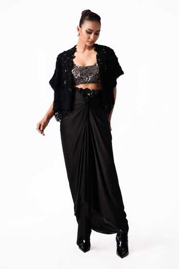 Nupur Kanoi Black Crepe, Chiffon, Lycra, Satin Open Fur Gilet With Front Knot Skirt Set Online at Aza Fashions Nupur Kanoi_Black Crepe, Chiffon, Lycra, Satin Open Fur Gilet With Front Knot Skirt Set _Online_at_Aza_Fashions