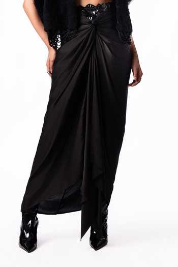 Buy Nupur Kanoi Black Crepe, Chiffon, Lycra, Satin Open Fur Gilet With Front Knot Skirt Set Online at Aza Fashions Buy_Nupur Kanoi_Black Crepe, Chiffon, Lycra, Satin Open Fur Gilet With Front Knot Skirt Set _Online_at_Aza_Fashions