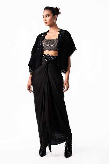 Shop Nupur Kanoi Black Crepe, Chiffon, Lycra, Satin Open Fur Gilet With Front Knot Skirt Set Online at Aza Fashions Shop_Nupur Kanoi_Black Crepe, Chiffon, Lycra, Satin Open Fur Gilet With Front Knot Skirt Set _Online_at_Aza_Fashions