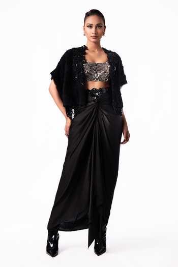 Nupur Kanoi Fur Gilet With Front Knot Skirt Set
