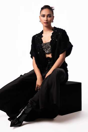 Nupur Kanoi Black Crepe, Chiffon, Lycra, Satin Open Fur Gilet With Front Knot Skirt Set at Aza Fashions Nupur Kanoi_Black Crepe, Chiffon, Lycra, Satin Open Fur Gilet With Front Knot Skirt Set _at_Aza_Fashions