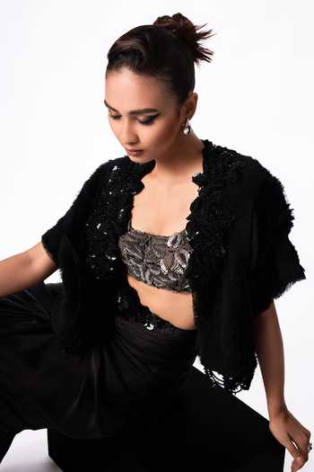 Buy Nupur Kanoi Black Crepe, Chiffon, Lycra, Satin Open Fur Gilet With Front Knot Skirt Set Buy_Nupur Kanoi_Black Crepe, Chiffon, Lycra, Satin Open Fur Gilet With Front Knot Skirt Set