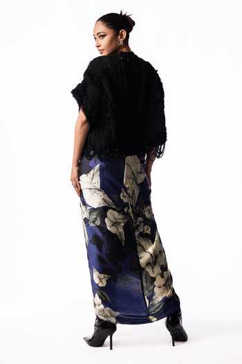 Nupur Kanoi Fur Gilet With Front Knot Printed Skirt Set 