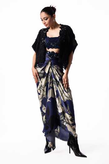 Nupur Kanoi Multicolor Chiffon, Crepe, Lycra, Satin Fur Gilet With Front Knot Printed Skirt Set Online at Aza Fashions Nupur Kanoi_Multicolor Chiffon, Crepe, Lycra, Satin Fur Gilet With Front Knot Printed Skirt Set _Online_at_Aza_Fashions