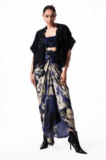 Nupur Kanoi Fur Gilet With Front Knot Printed Skirt Set 