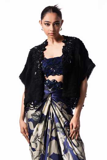 Buy Nupur Kanoi Multicolor Chiffon, Crepe, Lycra, Satin Fur Gilet With Front Knot Printed Skirt Set Online at Aza Fashions Buy_Nupur Kanoi_Multicolor Chiffon, Crepe, Lycra, Satin Fur Gilet With Front Knot Printed Skirt Set _Online_at_Aza_Fashions