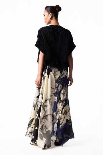 Shop Nupur Kanoi Multicolor Crepe, Chiffon, Satin Cowl Neck Fur Gilet With Printed Dress at Aza Fashions Shop_Nupur Kanoi_Multicolor Crepe, Chiffon, Satin Cowl Neck Fur Gilet With Printed Dress _at_Aza_Fashions