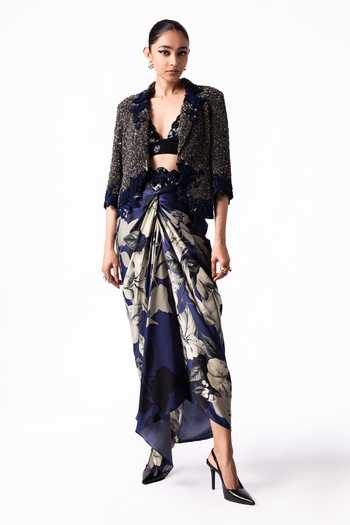 Nupur Kanoi Multicolor Crepe, Satin Sequinned Crop Blazer With Front Knot Skirt Online at Aza Fashions Nupur Kanoi_Multicolor Crepe, Satin Sequinned Crop Blazer With Front Knot Skirt _Online_at_Aza_Fashions