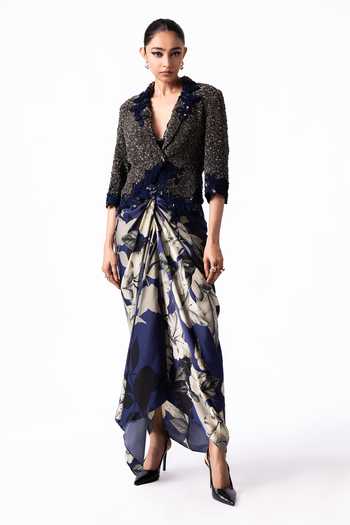Nupur Kanoi Sequinned Crop Blazer With Front Knot Skirt 