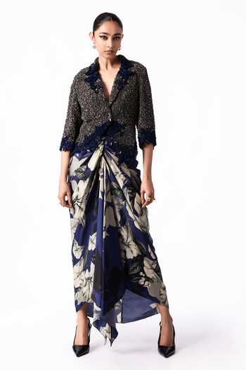 Buy Nupur Kanoi Multicolor Crepe, Satin Sequinned Crop Blazer With Front Knot Skirt Online at Aza Fashions Buy_Nupur Kanoi_Multicolor Crepe, Satin Sequinned Crop Blazer With Front Knot Skirt _Online_at_Aza_Fashions