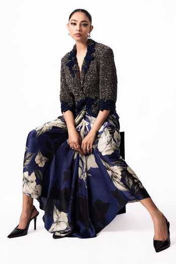 Shop Nupur Kanoi Multicolor Crepe, Satin Sequinned Crop Blazer With Front Knot Skirt Online at Aza Fashions Shop_Nupur Kanoi_Multicolor Crepe, Satin Sequinned Crop Blazer With Front Knot Skirt _Online_at_Aza_Fashions