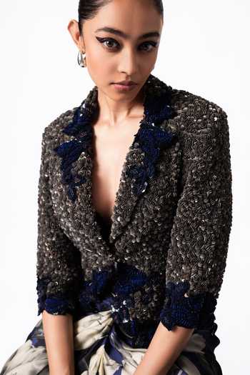 Nupur Kanoi Multicolor Crepe, Satin Sequinned Crop Blazer With Front Knot Skirt at Aza Fashions Nupur Kanoi_Multicolor Crepe, Satin Sequinned Crop Blazer With Front Knot Skirt _at_Aza_Fashions
