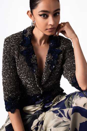 Shop Nupur Kanoi Multicolor Crepe, Satin Sequinned Crop Blazer With Front Knot Skirt Shop_Nupur Kanoi_Multicolor Crepe, Satin Sequinned Crop Blazer With Front Knot Skirt