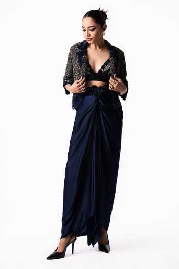 Nupur Kanoi Silver Crepe, Satin Plunge Neck Sequin Embroidered Blazer And Knot Skirt Set Online at Aza Fashions Nupur Kanoi_Silver Crepe, Satin Plunge Neck Sequin Embroidered Blazer And Knot Skirt Set _Online_at_Aza_Fashions