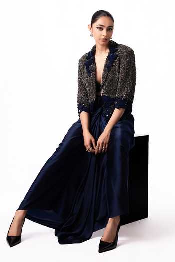 Shop Nupur Kanoi Silver Crepe, Satin Plunge Neck Sequin Embroidered Blazer And Knot Skirt Set Online at Aza Fashions Shop_Nupur Kanoi_Silver Crepe, Satin Plunge Neck Sequin Embroidered Blazer And Knot Skirt Set _Online_at_Aza_Fashions