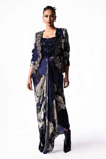 Nupur Kanoi Blue Crepe, Satin, Lycra Sweetheart Slit Blazer With Draped Bustier Dress Set Online at Aza Fashions Nupur Kanoi_Blue Crepe, Satin, Lycra Sweetheart Slit Blazer With Draped Bustier Dress Set _Online_at_Aza_Fashions