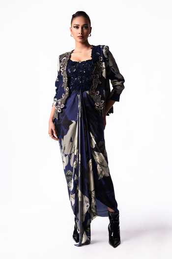 Nupur Kanoi Slit Blazer With Draped Bustier Dress Set