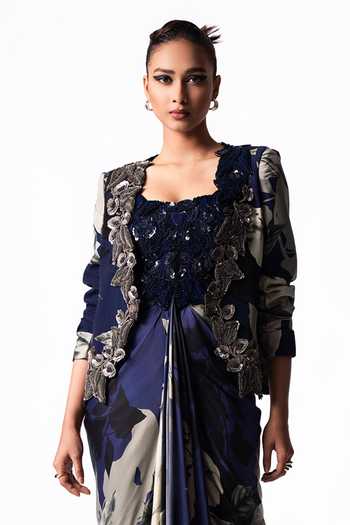 Buy Nupur Kanoi Blue Crepe, Satin, Lycra Sweetheart Slit Blazer With Draped Bustier Dress Set Online at Aza Fashions Buy_Nupur Kanoi_Blue Crepe, Satin, Lycra Sweetheart Slit Blazer With Draped Bustier Dress Set _Online_at_Aza_Fashions