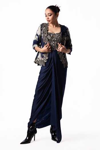 Nupur Kanoi Slit Blazer With Draped Bustier Dress
