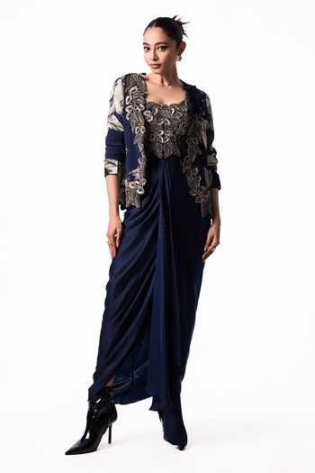 Nupur Kanoi Blue Crepe, Satin, Lycra Sweetheart Neck Slit Blazer With Draped Bustier Dress Online at Aza Fashions Nupur Kanoi_Blue Crepe, Satin, Lycra Sweetheart Neck Slit Blazer With Draped Bustier Dress _Online_at_Aza_Fashions