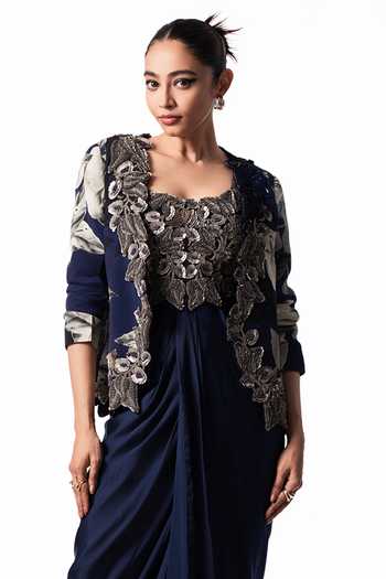 Buy Nupur Kanoi Blue Crepe, Satin, Lycra Sweetheart Neck Slit Blazer With Draped Bustier Dress Online at Aza Fashions Buy_Nupur Kanoi_Blue Crepe, Satin, Lycra Sweetheart Neck Slit Blazer With Draped Bustier Dress _Online_at_Aza_Fashions